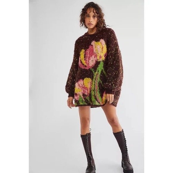 Free People‎ Color Me Cozy Sweater Womens M Confetti Floral Oversized Slouchy - Picture 2 of 11